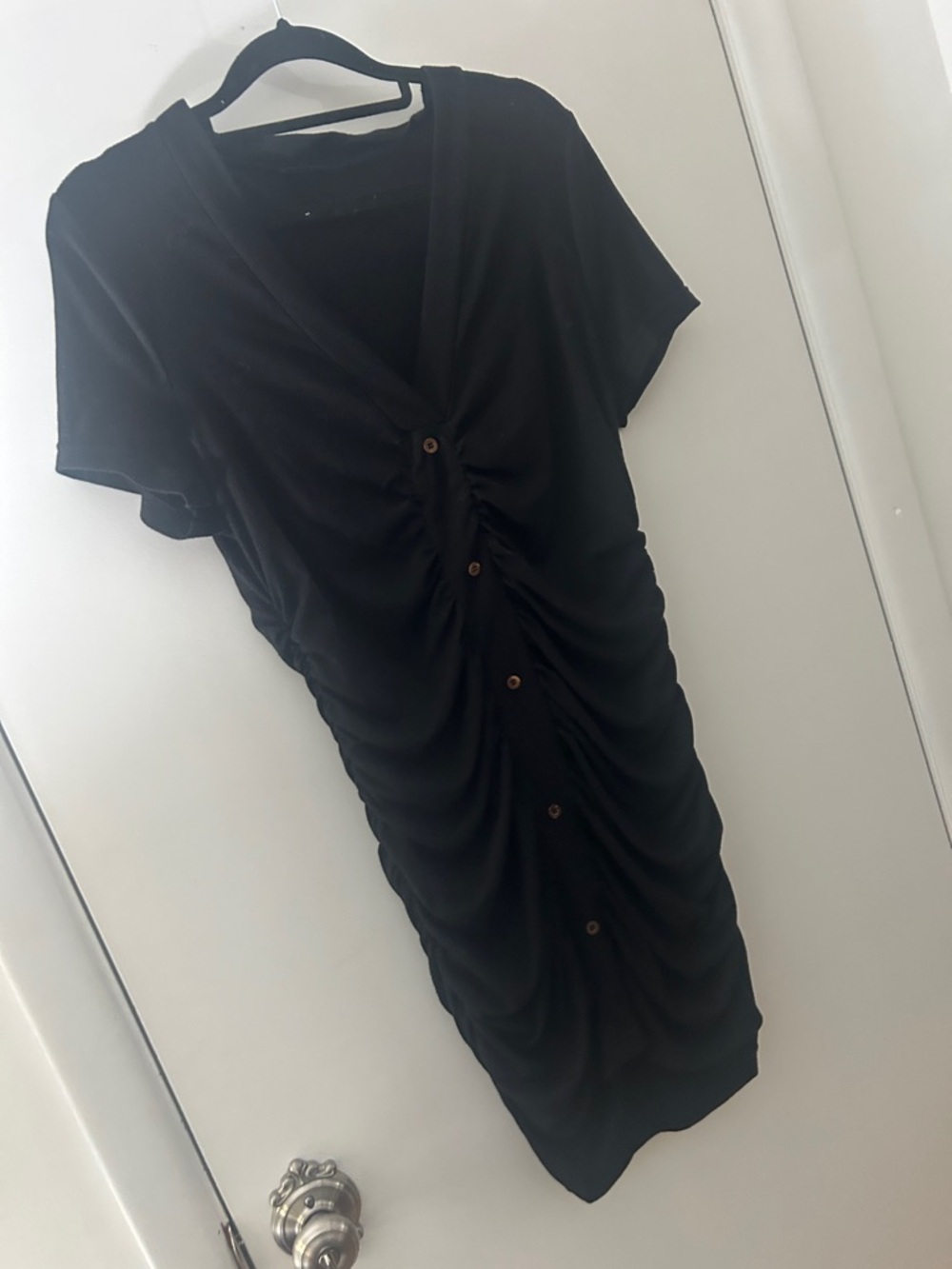 SHEIN Black Ruched Button-Front Midi Dress